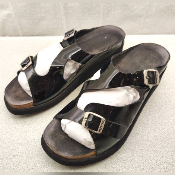 Mephisto Black Patent Strappy Wedge Heel Sandals Sz 9 Shoes - Picture 1 of 16